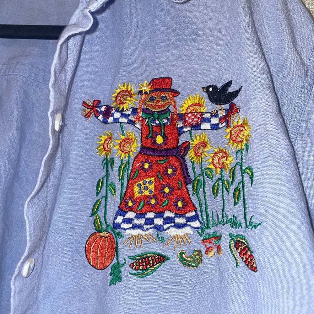 Vintage Casey Coleman Halloween Fall Scarecrow Denim Button-Up Shirt - Picture 3 of 7